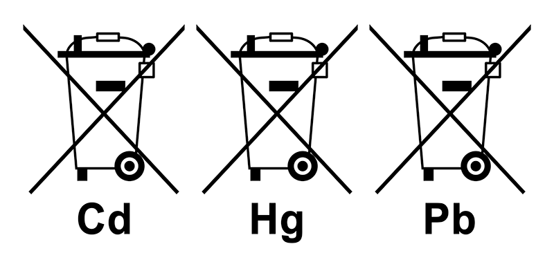 Durchgekreuzte Mülltonnen mit Kürzel als Symbol nach dem Batteriehinweisgesetz, einem Hinweis für Verbraucher, dass Batterien nicht im Hausmüll entsorgt werden sollen.